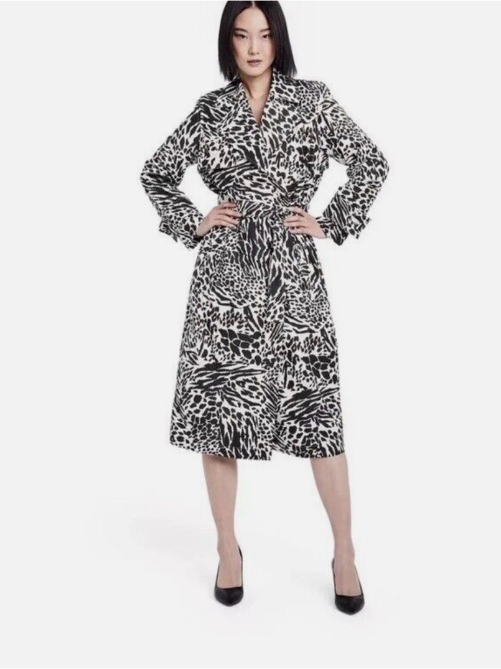 Black & White Animal Print Midi Wrap Dress